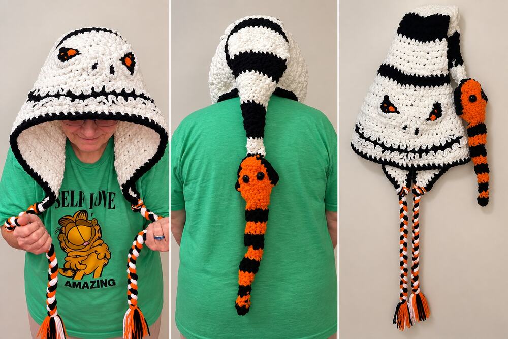 Handmade Crochet Halloween Skeleton Hood Hat w/ Long Braids & Orange Black Tail